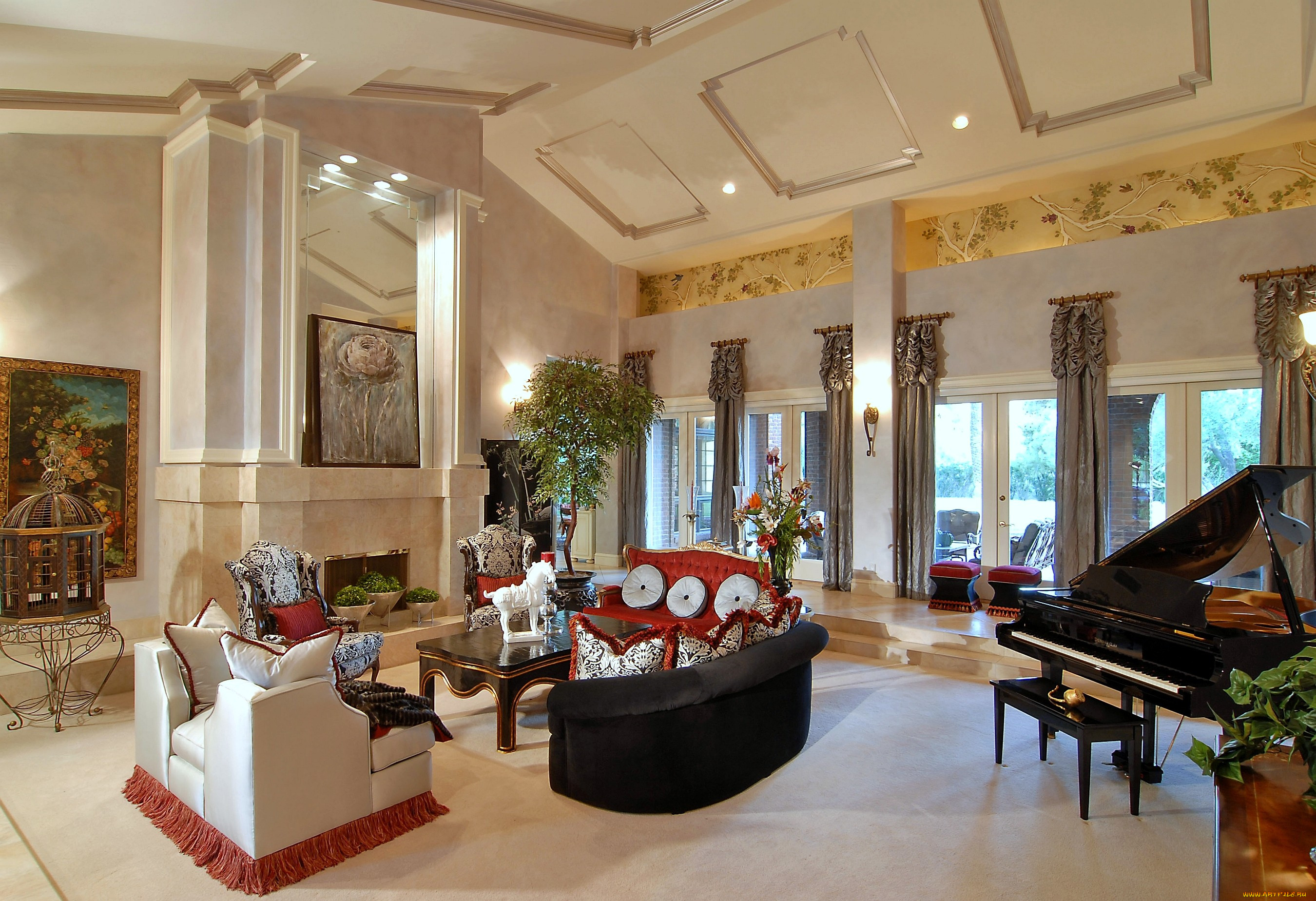 Hall living room. Гостиная с роялем. Роскошная гостиная в особняке. Рояль в интерьере гостиной. Интерьер богатых домов.
